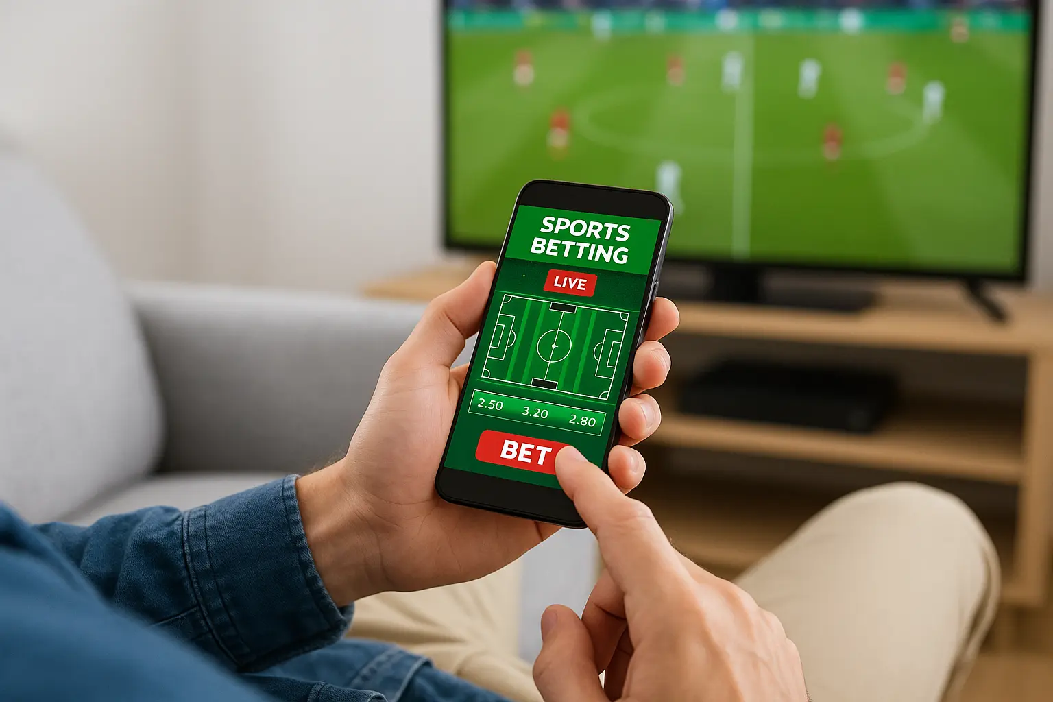 A man using a sports betting app on his smartphone while watching a live football match on television in the background