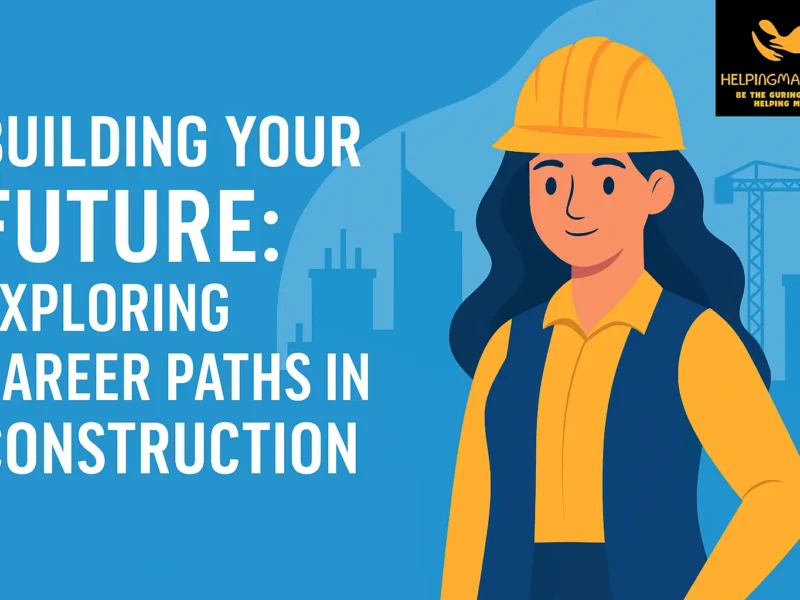 Female construction worker wearing helmet in front of buildings, representing career paths in construction industry.