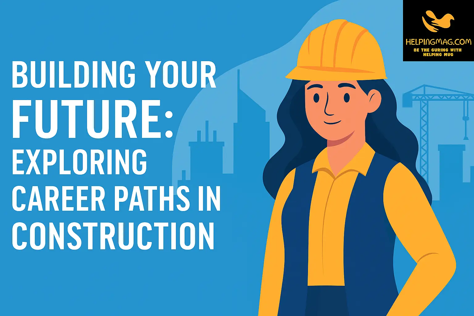 Female construction worker wearing helmet in front of buildings, representing career paths in construction industry.